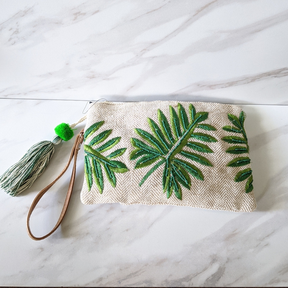 Embroidered Beaded Palm Leaf Boho Wristlet Clutch - Picture 2 of 9